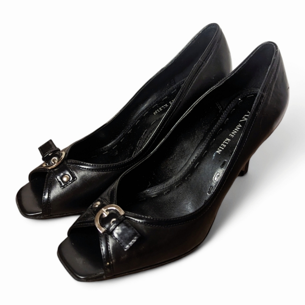 Vintage 90s Anne Klein Peeptoe Leather Black Heels